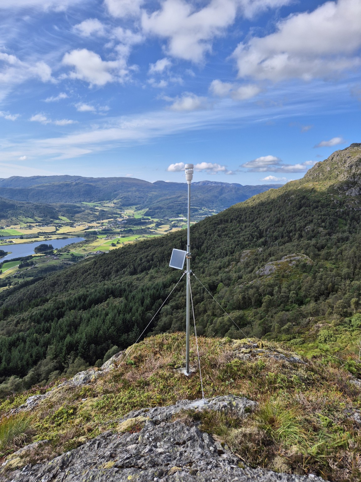 Værsensor, solcelledrevet node og bardunert mast montert på Blikra.